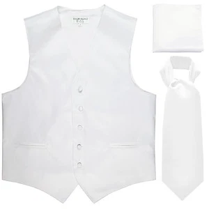 New Men's white formal vest Tuxedo Waistcoat ascot & hankie set wedding prom - Picture 1 of 4