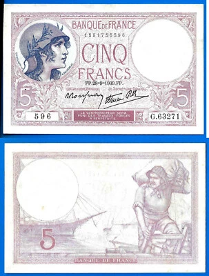 France 5 Francs 1939 Serie G Purple Violet Europe Frcs Frcs Free Shipping World - Image 1 of 3