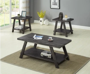 3 Piece Replicated Wood Coffee Table Set Gray with Side Tables for Living Room - Picture 1 of 8