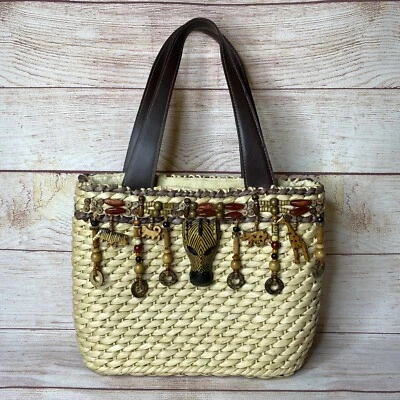 Capelli Straworld Inc Raffia Safari Animal Print Beaded Theme Boho Purse Bag - Image 1 of 4
