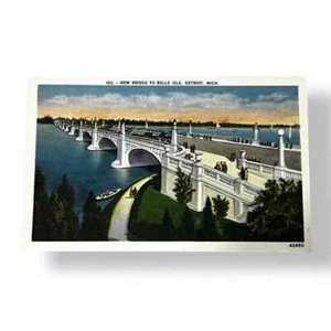 Tarjeta postal nueva Bridge to Belle Isle Detroit Michigan tarjeta de lino C524 - Imagen 1 de 2