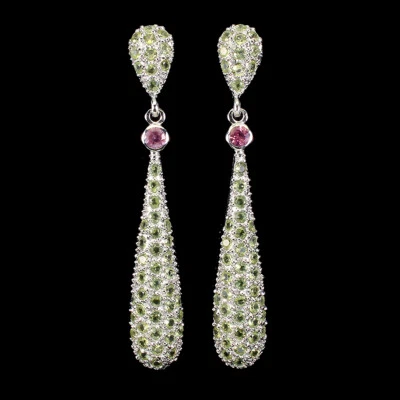 925 Sterling Silver Earrings Round Pink Tourmaline Peridot Gemstone Jewelry Gift - Image 1 of 4