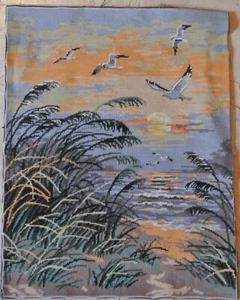 Seagulls in Seaside Sunset Completed Needlepoint Vintage - Picture 1 of 7