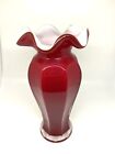 Vintage Ruby Red Ruffled White Case 8”  Vase
