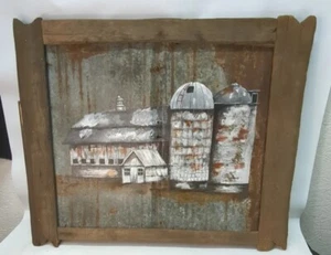 Pintura rústica de granero elegante de granja sobre marco de estaño envejecido madera de rescate - Imagen 1 de 8