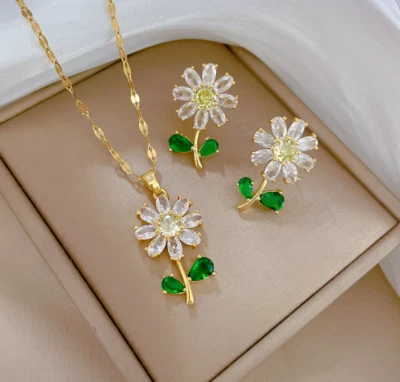 Mujeres Oro 14K Girasol Circonita cúbica Colgante Cadena Collar Aretes Conjunto de Joyería AG Foto 1 de 4