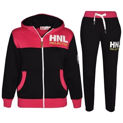 Tuta Sportiva Design Per Ragazze Nera E Rosa Giacca Top Pantaloni Jogging - Immagine 1 di 2