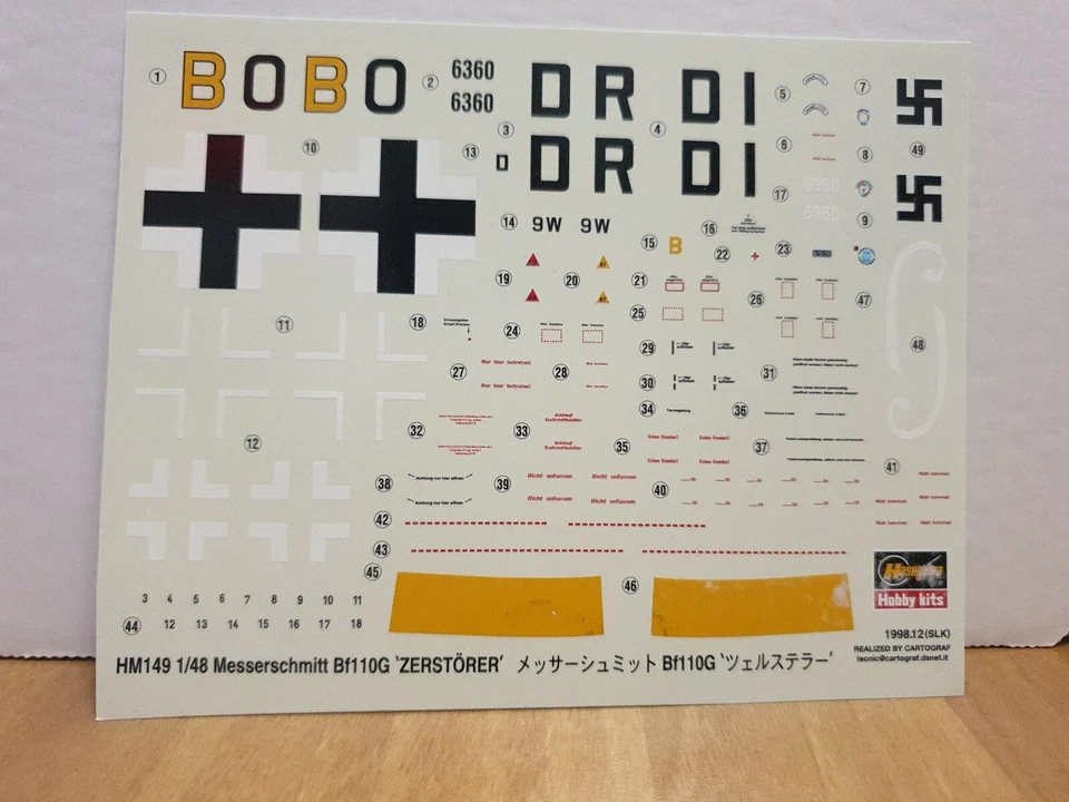 Decal Aereo Hasegawa hm149 messerschmitt bf110g zerstorer scala 1/48 - Immagine 1 di 1