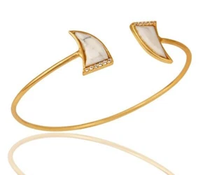 Tooth Gemstone Cuff Bracelet Gold Plated Two Stone Adjustable Howlite & CZ - Picture 1 of 4