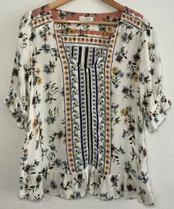 Lucky Brand Floral Print Blouse Peasant Top Ruffle Trim Boho Chic Size M - Picture 1 of 5