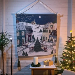 Vintage Christmas Village Tapestry Wall Hanging Needlepoint Winter Scene Decor - Picture 1 of 8