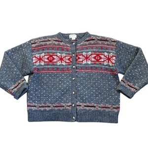 Vintage Orvis 100% Wool Fair Isle Cardigan Sweater Women’s L Gray Nordic - Picture 1 of 10