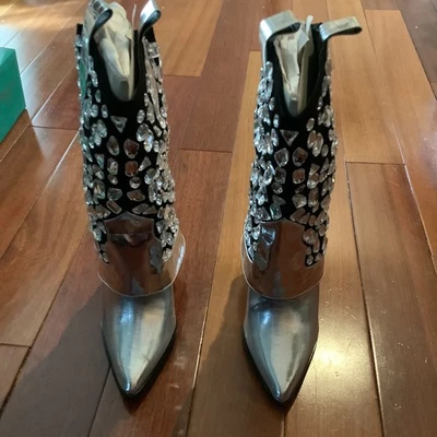 Botas de Vaquero Lauren Lorraine Hana Estrás Plateadas Western Glam Talla 7.5 Foto 1 de 4