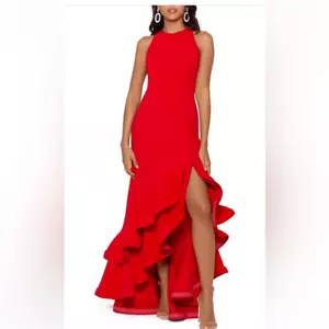 BETSY & ADAM NWT Long Halter Crepe Tiered Ruffle Gown Dress Red Size 10 NEW - Picture 1 of 2