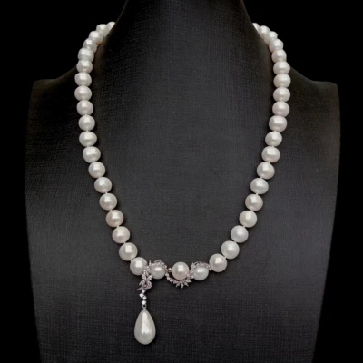 Collar de perlas de patata blanca cultivadas de 10-11 m circonita cúbica concha colgante de perlas 20" Foto 1 de 4