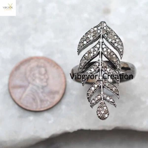 Pave Diamond Ring 925 Sterling Silver Leaf Ring Handmade Fine Jewelry For Her - Picture 1 of 3