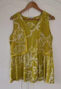 NEXT Ochre Yellow Floral Top Fringe Trim Detail V Neckline Size 12 - Picture 1 of 4