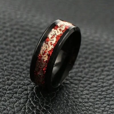 5 Colors 8MM Men Women Black Blue Red Silver Stainless Steel Dragon Band Ring - Image 1 of 4