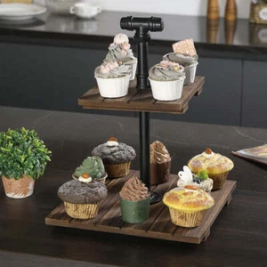 2-Tier Slatted Burnt Wood Square Cupcake Stand w/ Black Metal Pipe Post & Handle - Picture 1 of 6