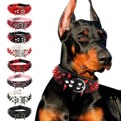 Soft PU Leather 2''Wide Dog Collar Sharp Spiked Studded Adjustable Doberman S-XL - Image 1 of 4