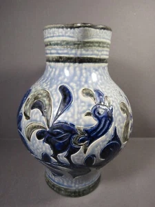 Studio Art Pottery Blue Pitcher Engraved Bird & Flowers 8" x 6.5" Signed - Picture 1 of 9
