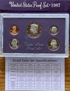 Juego de 5 monedas 1987-S US Mint Proof Set OGP Coa embalaje original del gobierno - Imagen 1 de 3