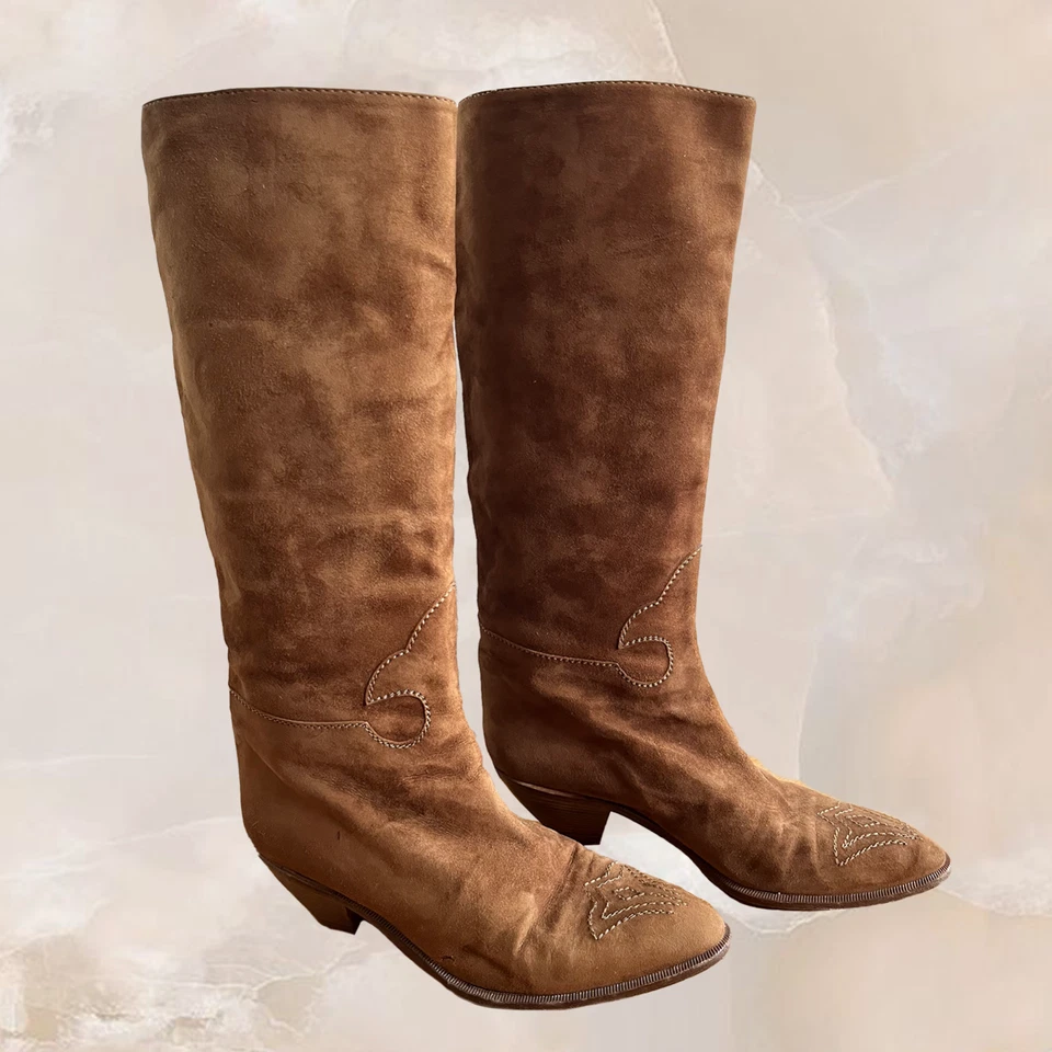 MAUD FRIZON CLUB Brown Leather Suede Knee High Boots Vintage 80s Made Italy 36.5 - Image 1 of 4