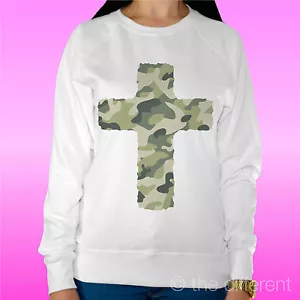 Felpa Mujer Luz Suéter Blanco "Cruzar Militar Camuflaje Cross " - Picture 1 of 1