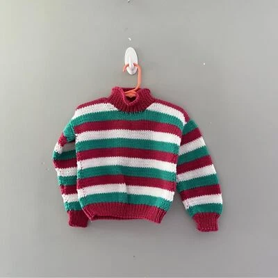 Suéter vintage niños hecho a mano a rayas cuello alto verde rojo blanco Foto 1 de 2