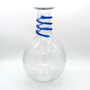 Blenko Clear Crackle Decanter #9432 Clear Crystal w Blue Spiral Ribbing 2007 - Picture 1 of 12