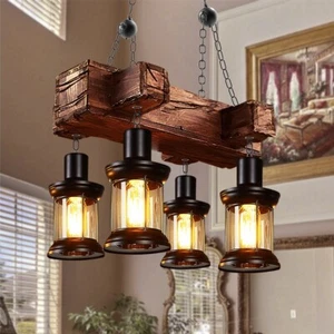 4-Light Industrial Chandelier Rustic Wood Grain Pendant Lighting Ceiling Fixture - Picture 1 of 17