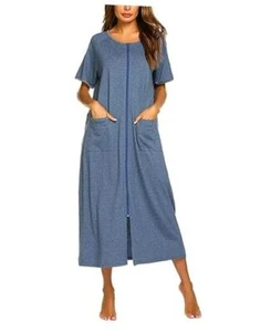 Women Robes Zipper Front Short Sleeve Full Length Housecoat X-Large Steel Blue - Picture 1 of 6