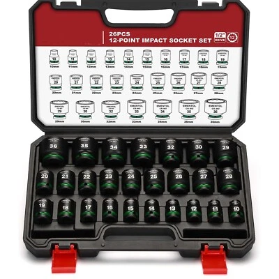 26 PCS 1/2" Drive Standard Impact Socket Set 12 Point Metric 10mm-36mm CR-MO - Image 1 of 4