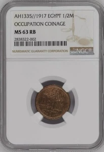 EGYPT , 1/2 MILLIEME SULTAN HUSSEIN KAMIL 1917 NGC MS 63 RB , RAREP - Picture 1 of 2