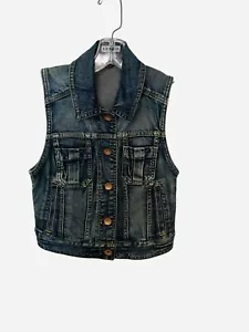 Express Denim Blue Jean Jacket Sleeveless Vest with Front Brass Buttons, XS - Picture 1 of 8