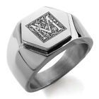 Stainless Steel Floral Box Monogram Letter M Mens Hexagon Crest Signet Ring