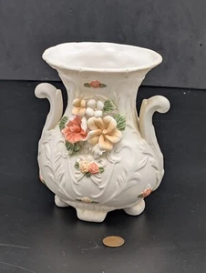 Vintage 6" Floral Ceramic Vase with 3-D Flowers and Handles - Picture 1 of 5