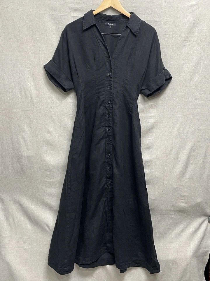 Madewell 100% Linen Pleated Midi Shirtdress Size XS Jet Black Pockets - Image 1 of 4