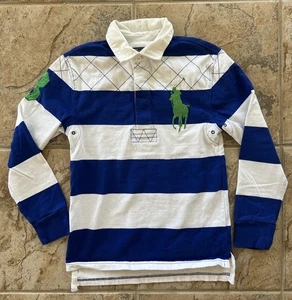 EUC Polo Ralph Lauren Boys LS Big Horse Blue White Green Rugby Shirt Top S 8 - Picture 1 of 10