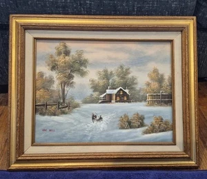 Pintura al óleo original de colección "Escena de invierno" Van Bell firmado borde dorado marco grabado - Imagen 1 de 6