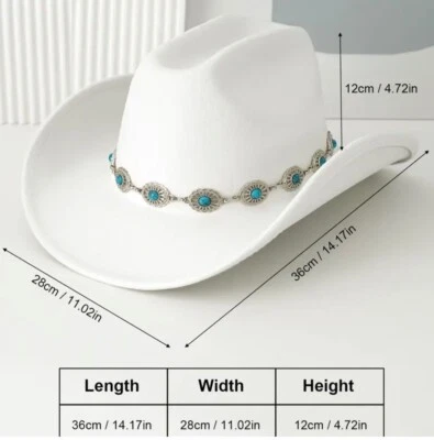 White Cowgirl Hat with Turquoise Metal Belt, Western Theme Costume - Image 1 of 2