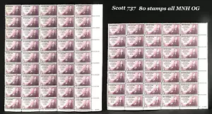 SCOTT # 737 WHISTLERS MOTHER 2 SHEETS EXC.CENTERING MHN OG TOTAL 80 STAMPS.NICE - Picture 1 of 1