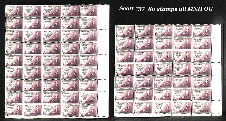 SCOTT # 737  WHISTLERS MOTHER 2 SHEETS EXC.CENTERING MHN OG TOTAL 80 STAMPS.NICE - Image 1 of 1