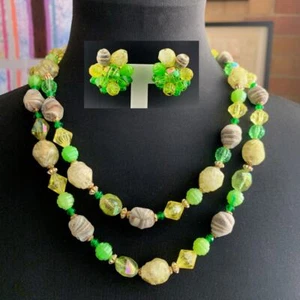 W Germany Vintage Green AB Crystal Ballotini Sugar Bead Necklace Earrings Set - Picture 1 of 13