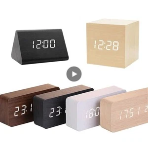 LED Wooden Alarm Clock Watch Table Voice Control Digital Wood Electronic Tools - Picture 1 of 33