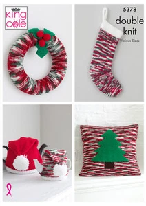 Christmas Accessories Knitting Pattern Wreath Stocking Cushion King Cole DK 5378 - Picture 1 of 3