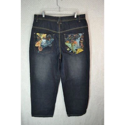 Pantalones de mezclilla patinadores holgados con estampado gráfico lavado oscuro Paco Jeans para hombre 38x32 Y2K Foto 1 de 4