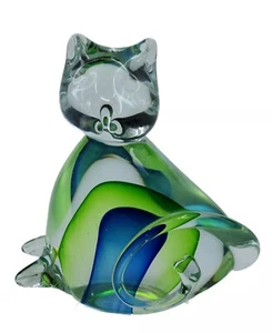 VINTAGE MURANO BLAU & GRÜN SOMMERSO KATZE SKULPTUR FIGUR BRIEFBESCHWERER ~ 6,5" - Bild 1 von 8