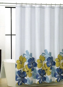 Colin & Justin Fabric Shower Curtain Splashy Lg Floral Border Blue Olive White - Picture 1 of 2