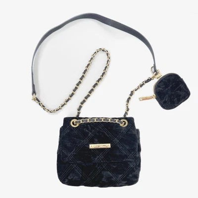 Betsey Johnson Crossbody Handbag Purse Black Velvet Quilted Chain Strap Preppy - Image 1 of 4